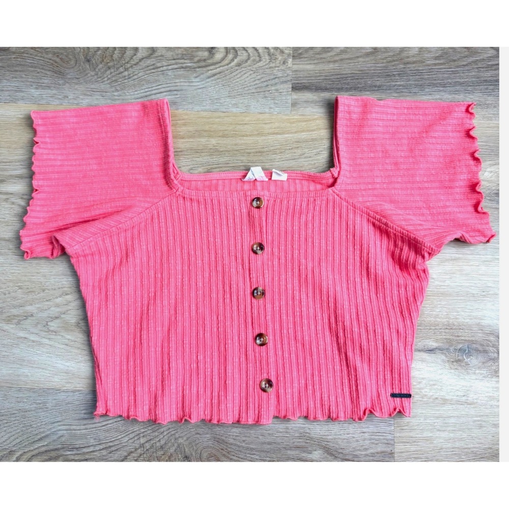 Roxy Pink Ribbed Button Front Crop Top Womens Large Beach Summer Boho Casual